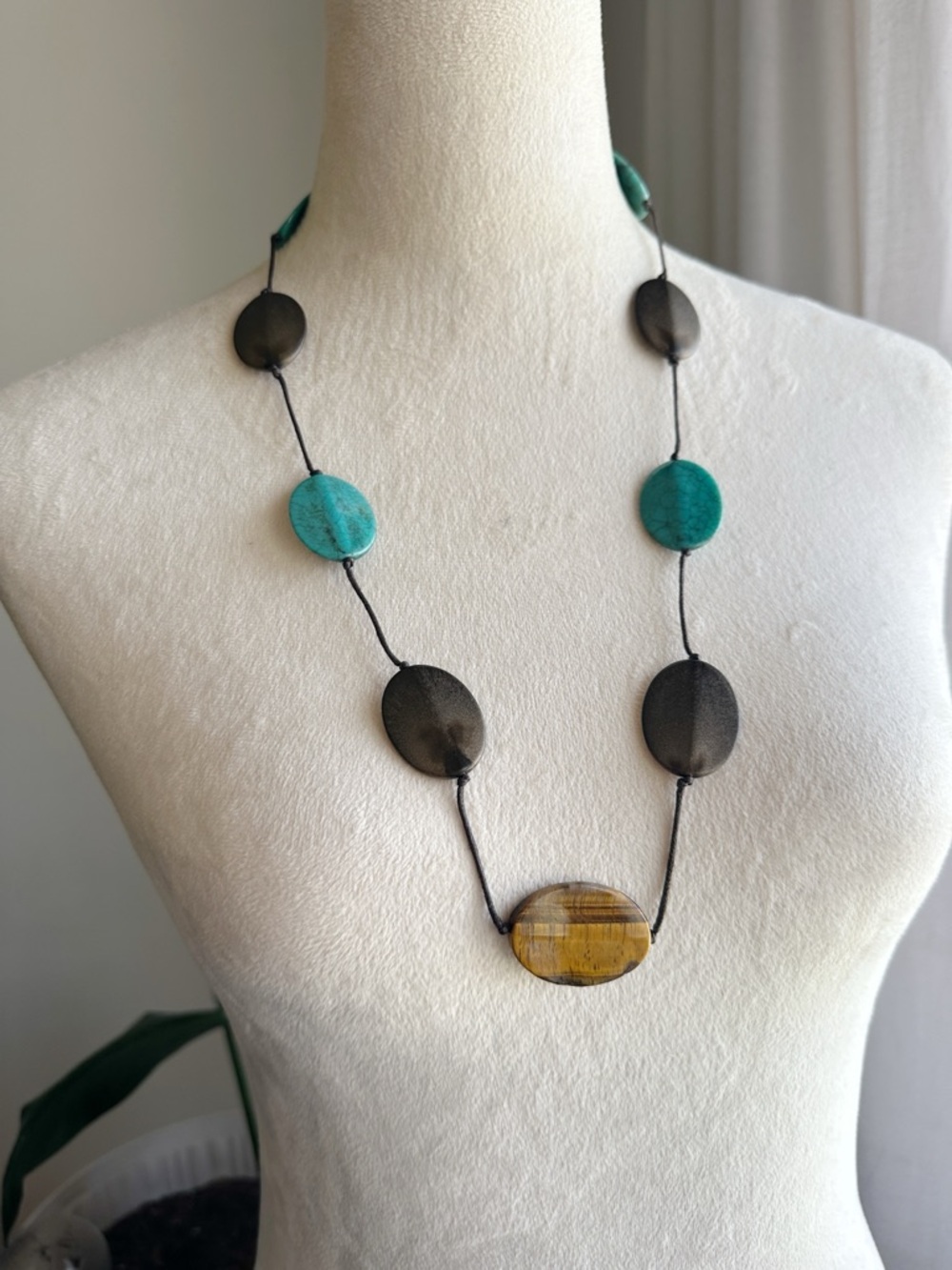 Handcrafted Wood and Tiger’s Eye Stone Coin Disc Bead Necklace